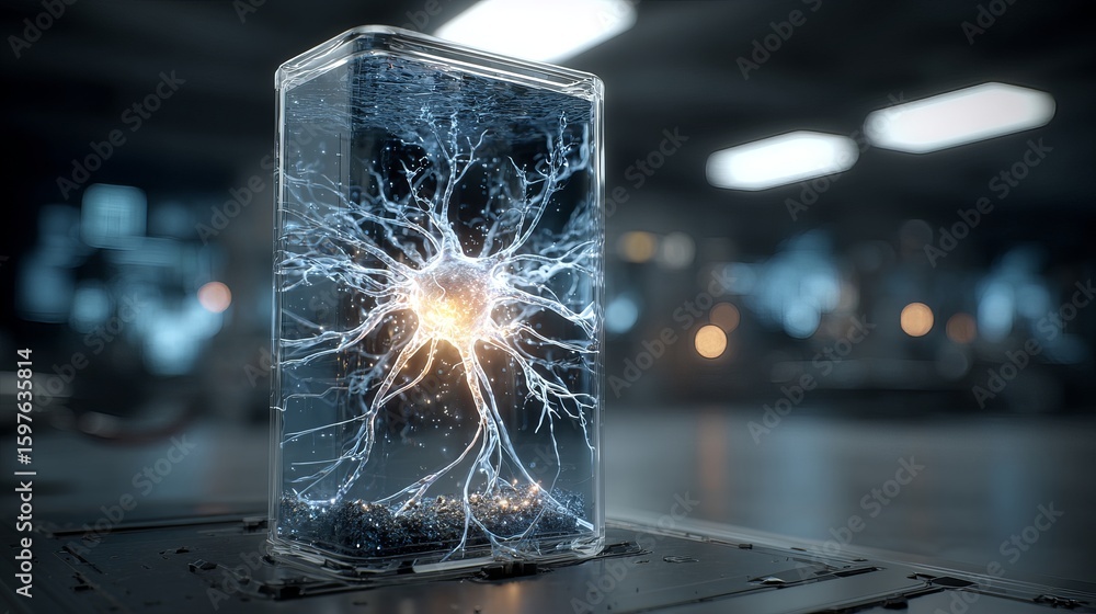 Poster vibrant neural network glowing with energy inside a clear container, symbolizing innovation and scie