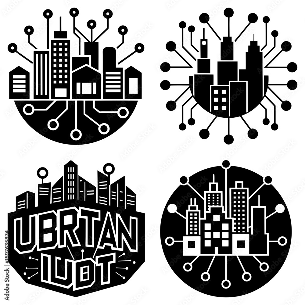 Poster four stylized cityscapes connected by circuit patterns in a circular arrangement on a white backgrou