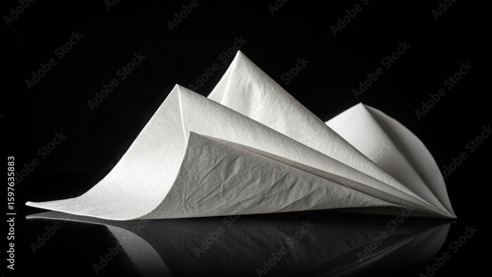 Poster a close up view of folded white paper with its reflection on a dark shiny surface background