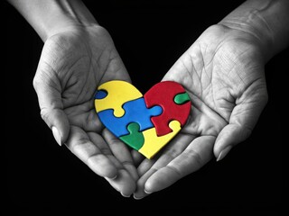 Hands holding a heart shaped puzzle with colorful pieces on a black and white background image view