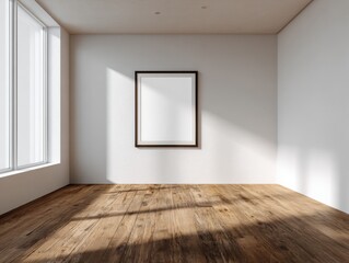 Fototapeta premium A room with a white wall and a wooden floor. There is a picture frame on the wall