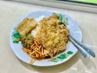 Indonesian mixed rice (nasi warteg) with omelette. Traditional budget meal served with steamed rice...