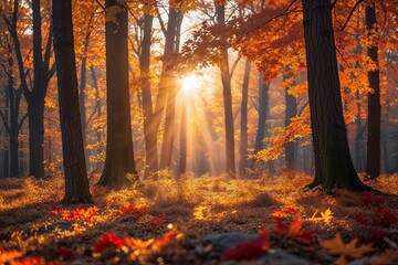 Tranquil Autumn Forest Scene with Golden Sunlight and Vibrant Fall Foliage