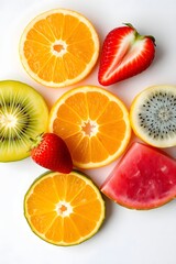 A vibrant display of sliced fruits featuring oranges strawberries kiwi and dragon fruit on white background