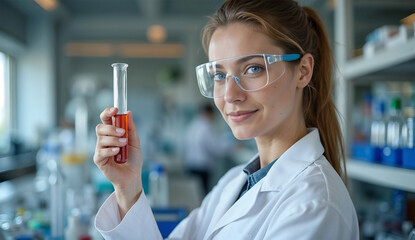 Young woman scientist holding test tube with a lab glassware, science laboratory research and development concept, laboratory research