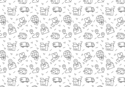 Seamless Delivery and Logistics Pattern -Thin Line Icons of Parcel, Package, Shipping Box, Tracking, Map Pointer, Hand Courier, Delivery Truck, Worldwide Global Shipping – Monochrome Vector Background
