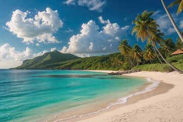Obraz premium Stunning Sandy Bay with Lush Palms and Crystal Clear Teal Waters on a Caribbean Peninsula