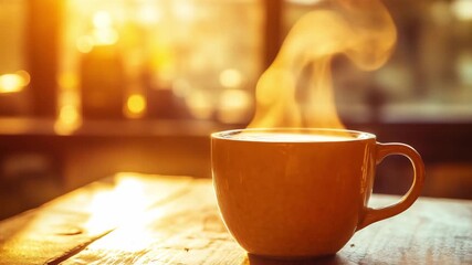 A warm cup of coffee releases steam while sunlight pours through the cafe window in the morning