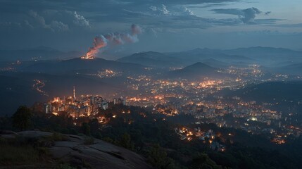 Stunning twilight panorama of a city glowing with lights amidst rolling hills and distant mountains