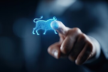 Businessperson interacting with a digital bull