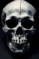 Obraz premium A stark image of a human skull against a dark background showing the skeletal structure and cracks