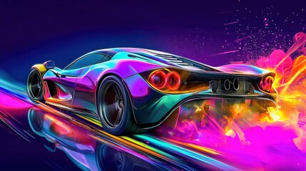 A vibrant, colorful, and futuristic sports car speeding down a neon-lit track. The sleek design is highlighted with eye-catching colors.
