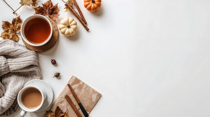 Cozy Autumn Flat Lay with Coffee Cup and Warm Knitted Blanket, Leaves, Mug, Pumpkin, and Cinnamon, bright white background