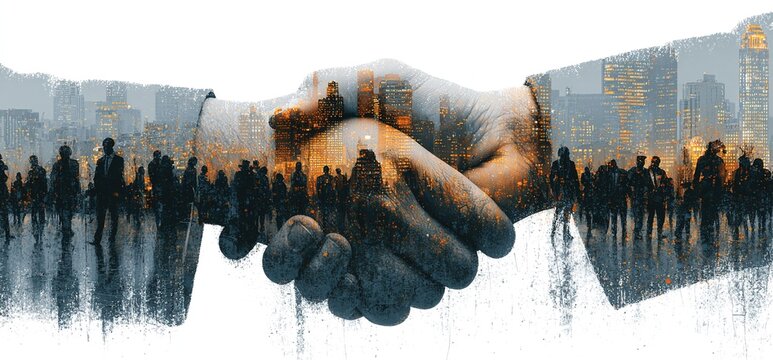 Collaborative Handshake Dual Exposure: Urban Silhouettes & Rural Landscape, Global Trade Symbolism, Abstract Realism Composition