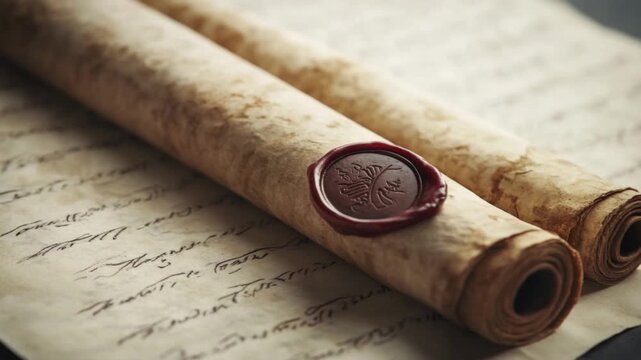 This footage captures ancient scrolls resting on parchment. Ideal for historical documentaries or educational content. A glimpse into the past awaits the curious viewer. Generative AI
