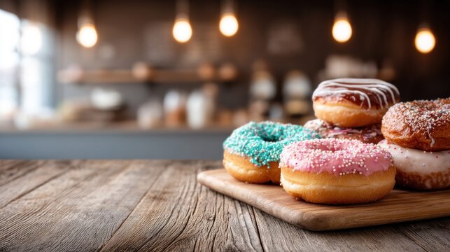 A delightful display of assorted donuts on a wooden board, inviting viewers with their vibrant colors and textures. Perfect for bakery advertising.