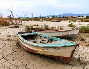 Fototapeta premium Dried lakebed with abandoned boats in Kazakhstan, environmental disaster