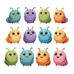 Fototapeta premium Collection of adorable, smiling cartoon caterpillars in various bright colors, presented in a grid format, perfect for children's content and educational materials.