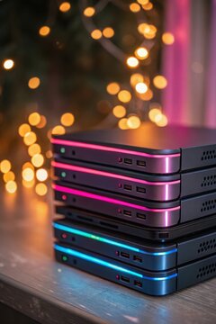 A stack of colorful mini computers with bokeh lights in the background on a wooden surface