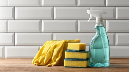 A collection of cleaning supplies, including a spray bottle, sponges, and gloves, ready for use, on a wooden surface.
