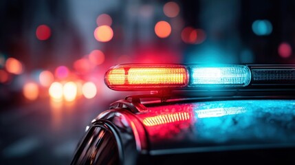 A close-up shot of a police car's emergency lights illuminating the night, creating a dramatic and urgent scene with blurred city lights.