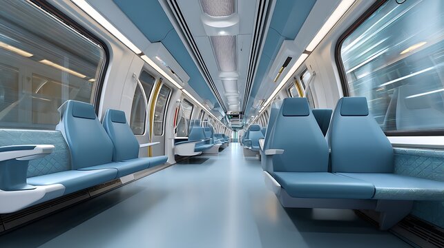 Modern train interior with empty blue seats and sleek design creating a sense of spaciousness and comfort . - Powered by Adobe