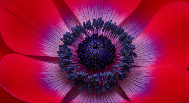 Close-up of a vibrant red anemone flower with intricate details - Powered by Adobe