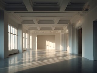 A large room with a white ceiling and white walls. There is a window in the room