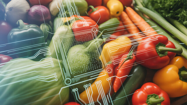 Assortment of fresh colorful vegetables with digital circuit overlay healthy food
