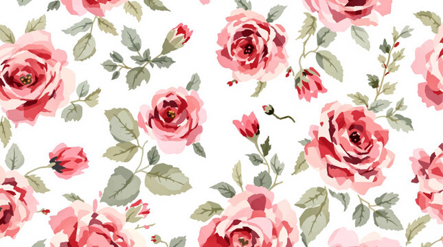 Watercolor background pattern Red rose flowers on white background
