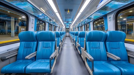 Modern train interior with empty blue seats and sleek design creating a sense of spaciousness and comfort .
