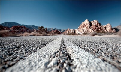 A desert road stretches into the distance under a clear blue sky, framed by rugged mountains.
