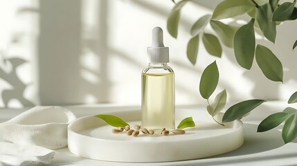 Jojoba oil in frosted glass bottle with jojoba seeds and green leaves on white tray