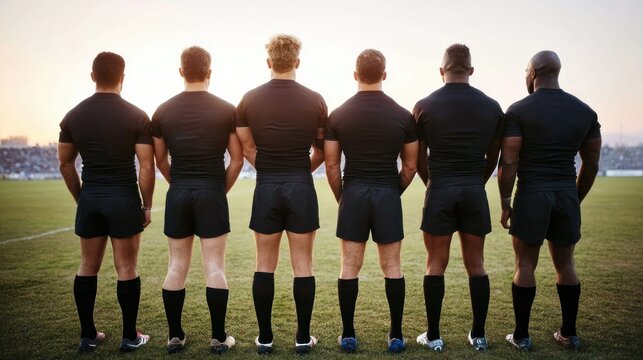 A team of rugby players standing together on the field, facing away. The players are wearing their team uniforms.