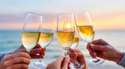 A celebratory toast with champagne glasses held high against a beautiful sunset over the ocean, cheers.