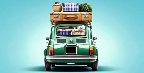 A vintage green car is loaded with luggage on its roof, ready for a road trip adventure under a clear blue sky.
