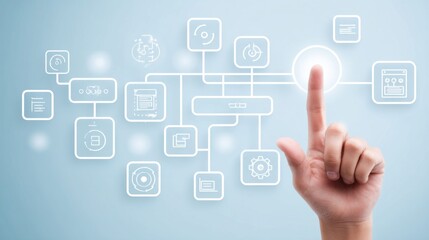 A hand points toward a glowing touch screen interface, symbolizing technology, innovation, and future possibilities.