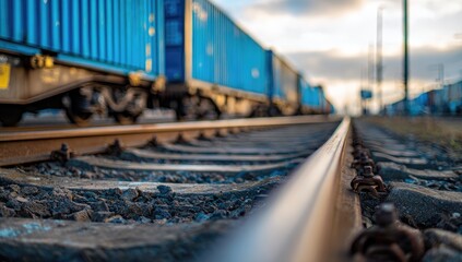 Obraz premium Low-angle view of railway tracks with cargo train