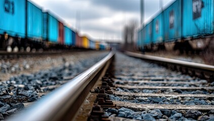 Fototapeta premium Railroad tracks leading into a row of cargo containers