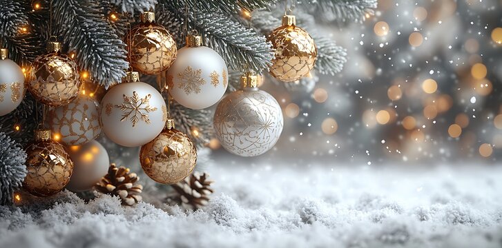 Elegant christmas decorations with ornate golden baubles and festive snowflake embellishments.