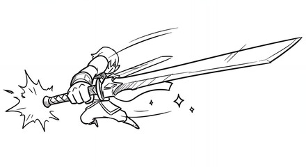 Dynamic Monochrome Drawing of a Warrior in Action Swinging Oversized Sword with Motion Lines and Sparkling Highlights on Plain Background