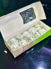 Pandan mochi – traditional Asian glutinous rice cake with a sweet, chewy texture and fragrant...