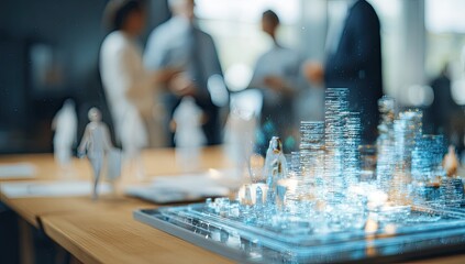 Abstract digital city model displayed on a table amongst blurred business people