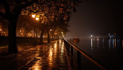 Nighttime city path by river