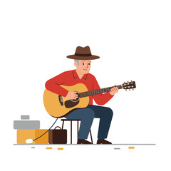 Obraz premium Elderly Man in Brown Hat Playing Acoustic Guitar