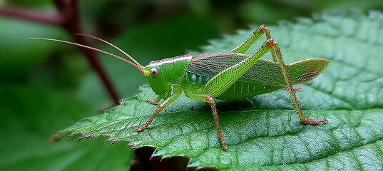 A small green grasshopper sitting on a leaf edge 