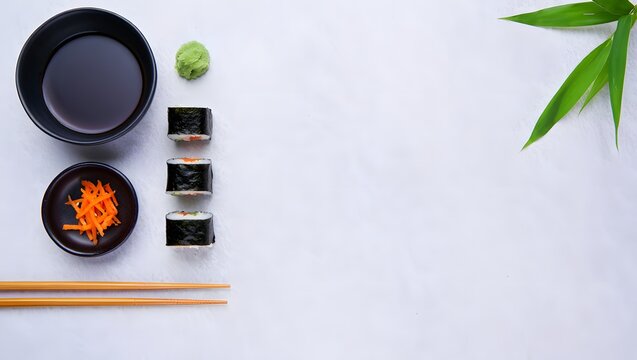 Stock photo of delicious maki sushi with soy sauce wasabi and chopsticks on white table