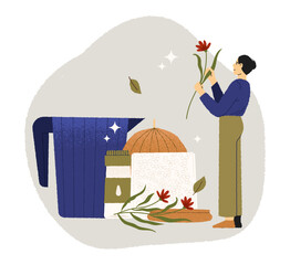 Creative woman adding dried flowers to homemade candle using essential oils, wax and natural ingredients. Lifestyle, floristry and hobby. Flat vector illustration