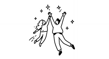 Monochromatic Joy Two Figures Jumping with Raised Arms Surrounded by Sparkling Stars Symbolizing Triumph and Excitement on White Background Minimalist Illustration