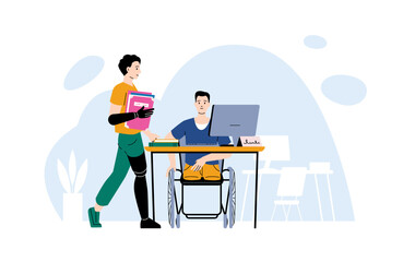 Office worker with prosthetic arm and leg bringing documents to colleague in wheelchair working at computer. Inclusive work moment. Ideal for accessibility and teamwork topics. Vector illustration